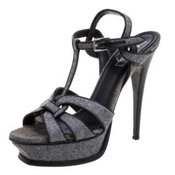Pre Owned Saint Laurent Paris Grey Tweed Fabric Tribute Sandals Size 38