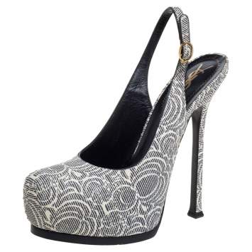 Pre Owned Saint Laurent Paris Cream/Black Printed Python Embossed Leather Tribtoo Slingback Platform Sandals Size 38.5