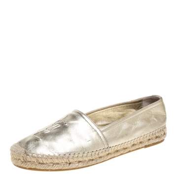 Pre Owned Saint Laurent Paris Metallic Gold Leather Logo Espadrilles Size 35.5