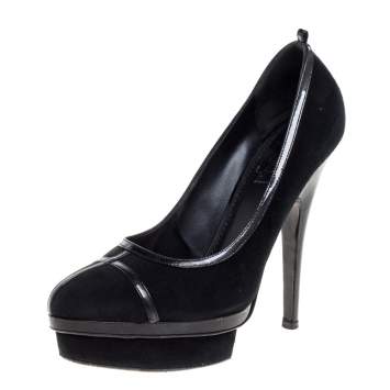 Pre Owned Saint Laurent Paris Black Suede and Patent Leather Trim Platform Pumps Size 38.5