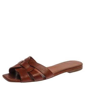 Pre Owned Saint Laurent Paris Brown Leather Tribute Slide Flats Size 36