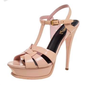 Pre Owned Saint Laurent Paris Beige Patent Leather Tribute Platform Sandals Size 40