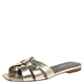 Pre Owned Saint Laurent Paris Gold Leather Tribute Slide Flats Size 36