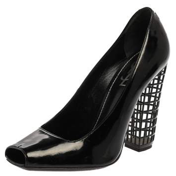 Pre Owned Yves Saint Laurent Paris Black Patent Leather Cage Heel Peep Toe Pumps Size 38