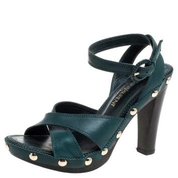 Pre Owned Saint Laurent Paris Green Leather Ankle Wrap Platform Sandals Size 35