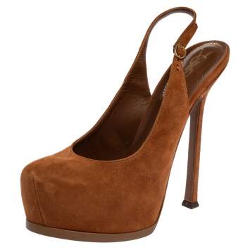 مملوكة مسبقًا Saint Laurent Paris Brown Suede Tribtoo Slingback Sandals Size 37.5
