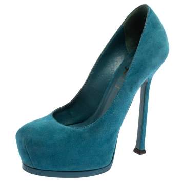 Pre Owned Saint Laurent Paris Blue Suede Tribtoo Platform Pumps Size 35