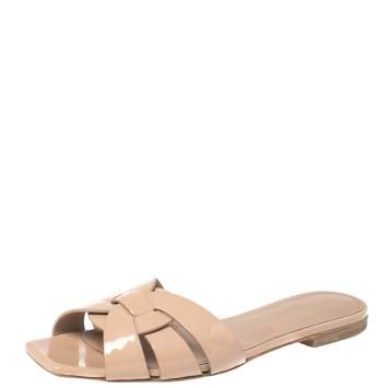 Pre Owned Saint Laurent Paris Beige Patent Leather Tribute Flats 37