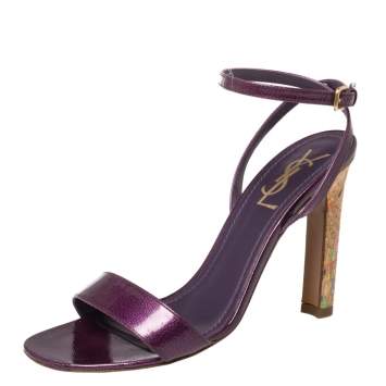 Pre Owned Saint Laurent Purple Textured Patent Leather Cork Heel Ankle Wrap Sandals Size 37.5