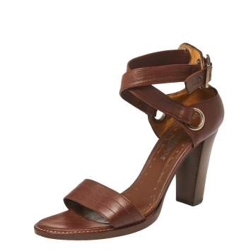 Pre Owned Saint Laurent Paris Brown Leather Ankle Strap Sandals Size 39.5
