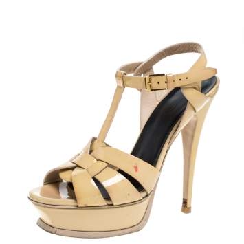 Pre Owned Saint Laurent Paris Beige Patent Leather Tribute Platform Sandals Size 36