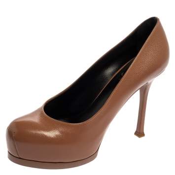 Pre Owned Saint Laurent Brown Leather Tribtoo Platform Pumps Size 37