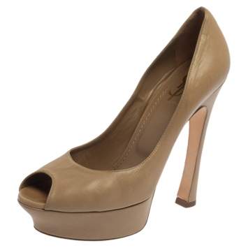 Pre Owned Saint Laurent Paris Beige Leather Peep Toe Platform Pumps Size 40