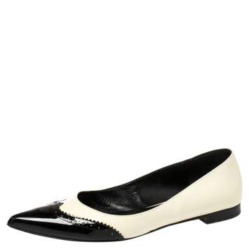 Pre Owned Saint Laurent White/Black Brogue Patent Leather Paris Pointed Toe Flats Size 40.5