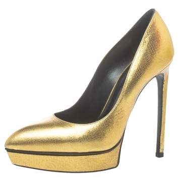 Pre Owned Saint Laurent Paris Metallic Gold Leather Janis Pointed Toe Platform Pumps Size 38