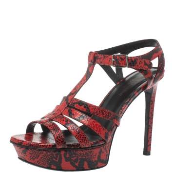 Pre Owned Saint Laurent Paris Red/Black Embossed Python Leather Tribute Platform Sandals Size 38