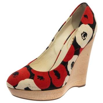 Pre Owned Saint Laurent Red And White Printed Canvas Wedge Platform Pumps Size 38