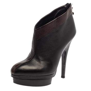 Pre Owned Saint Laurent Paris Brown/Black Leather Platform Ankle Boots Size 38.5