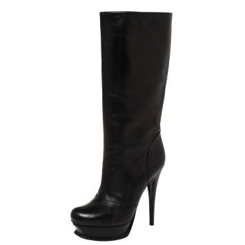 Pre Owned Saint Laurent Paris Black Leather Tribute Mid Calf Boots Size 39
