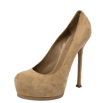 Pre Owned Saint Laurent Beige Suede Tribtoo Platform Pumps Size 41.5
