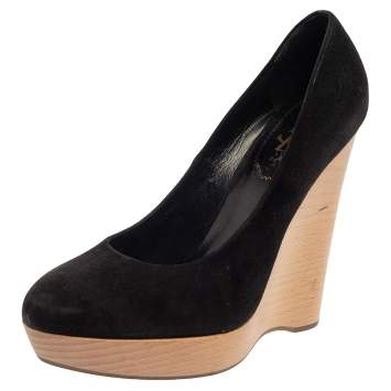 Pre Owned Saint Laurent Black Suede Maryna Wedge Pumps Size 40.5