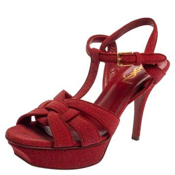 Pre Owned Saint Laurent Red Suede and Glitter Tribute Platform Sandals Size 37