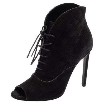 Pre Owned Saint Laurent Black Nubuck Lace Up Peep Toe Booties Size 35.5