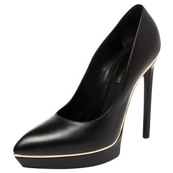 Pre Owned Saint Laurent Black Leather Janis Pointed Toe Platform Pumps Size 38.5
