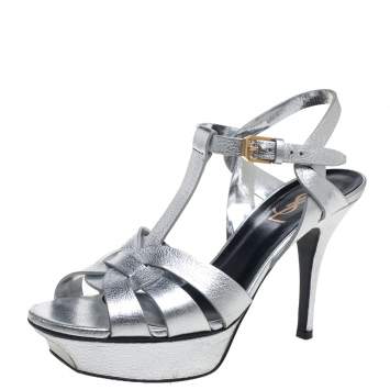 Pre Owned Saint Laurent Sliver Leather Tribute Sandals Size 37