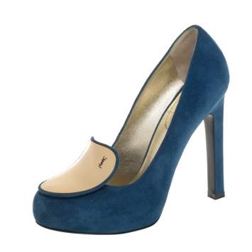 Pre Owned Saint Laurent Blue Suede Mirror Pumps Size 37.5