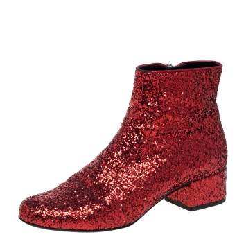Pre Owned Saint Laurent Red Glitter Caleb Zippered Ankle Boots Size 37.5