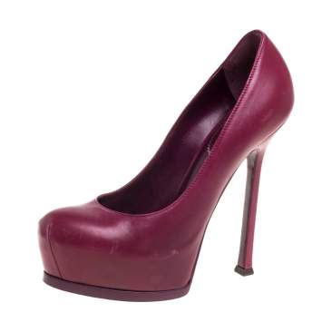 Pre Owned Saint Laurent Burgundy Leather Tribtoo Platform Pumps Size 37