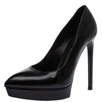 Pre Owned Saint Laurent Black Leather Janis Pointed Toe Platform Pumps Size 38