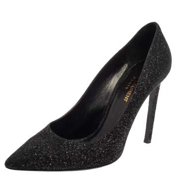 Pre Owned Saint Laurent Black  Glitter And Suede Pointed Toe  Pumps Size 39.5