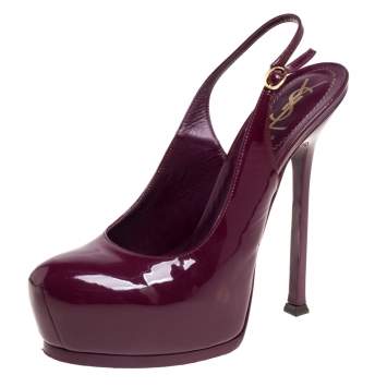 Pre Owned Saint Laurent Burgundy Patent Leather Round Toe Slingback Pumps Size 39