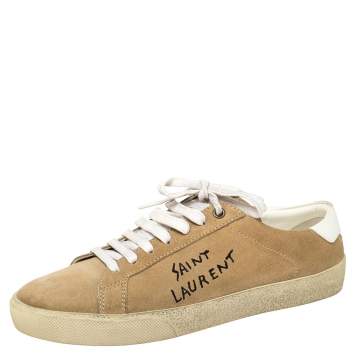 Pre Owned Saint Laurent Beige Suede Court Classic Logo Sneakers Size 39