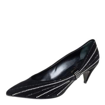 Pre Owned Saint Laurent Black Velvet Crystal Embellished Pointed-Toe Pumps Size 39