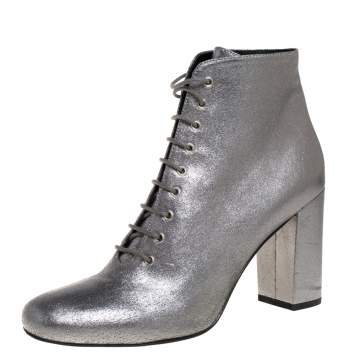Pre Owned Saint Laurent Metallic Silver Leather Lace Up Boots Size 41
