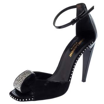 Pre Owned Saint Laurent Black Suede And Patent Leather Crystal Embellished Sandals Size 38.5