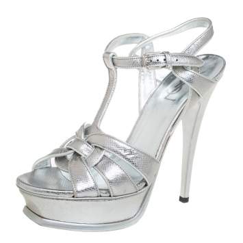 Pre Owned Saint Laurent Silver Lizard Embossed Leather Tribute Platfrom Sandals Size 38