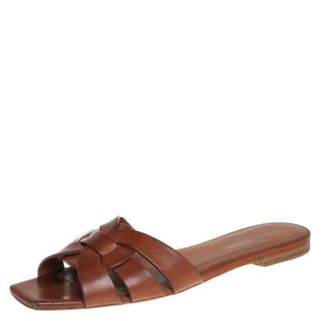 Pre Owned Saint Laurent Brown Leather Tribute Flat Slides Size 37.5 