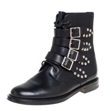 Pre Owned Saint Laurent Black Leather Buckle Detail Ankle Boots Size 38