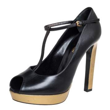 Pre Owned Saint Laurent Black/Gold Leather Peep Toe T- Strap Pumps Size 38