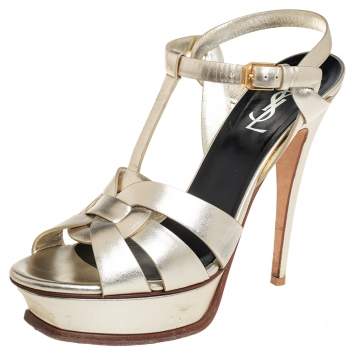 Pre Owned Saint Laurent Metallic Gold Leather Tribute Platform Ankle Strap Sandals Size 39.5