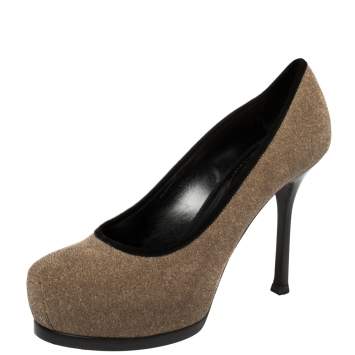 Pre Owned Saint Laurent Brown/Black Suede And Glitter Platform Pumps Size 36