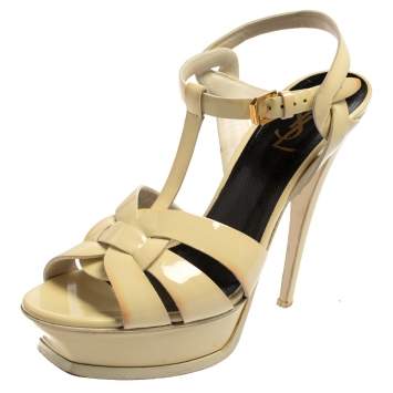 Pre Owned Saint Laurent Cream Patent Leather Tribute Platform Sandals Size 39