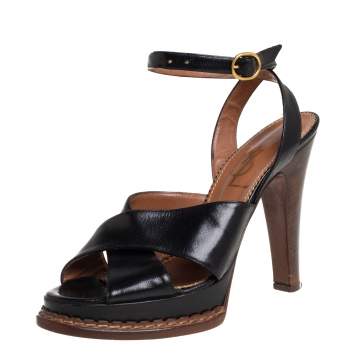 Pre Owned Saint Laurent Black Leather Ankle Strap Platform Sandals Size 39.5