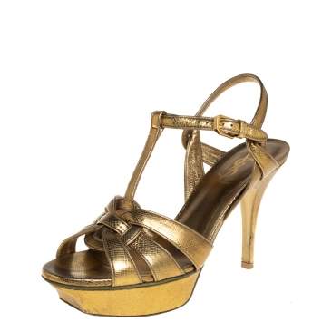 Pre Owned Saint Laurent Gold Leather Tribute Sandals Size 37.5