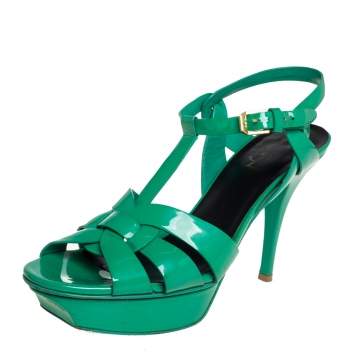 Pre Owned Saint Laurent Green Patent Leather Tribute Sandals Size 40