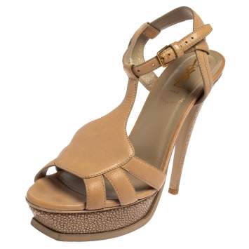 Saint Laurent Beige Leather and Textured Leather Ankle Strap Platform Sandals Size 40 